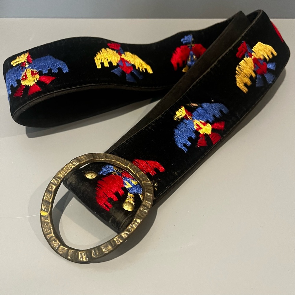 Vintage 1960's Boho Black Velvet BECHELLI Eagle Embroidered Brass Slide Belt
